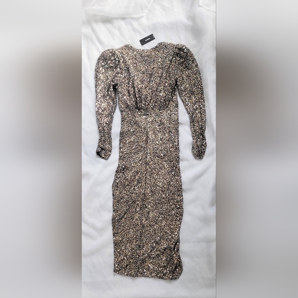 NWT!Express Sequin Silver V-Neck Puff Sleeve Ruched Midi Sheath Dress Size XS - Picture 14 of 15